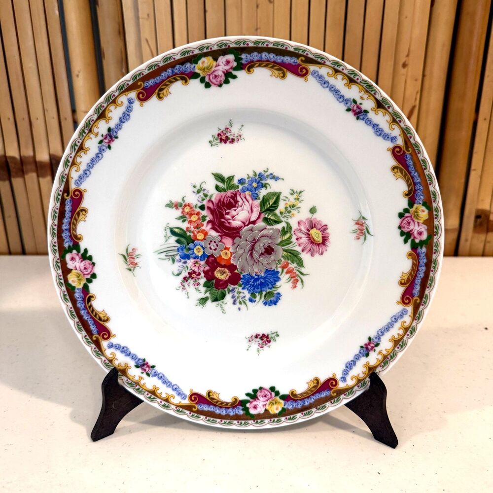 Vintage LG Porcelaine Limoges Floral Plate 10in Gold Trim w/ Display Stand